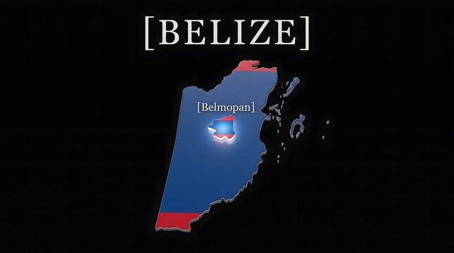 3D Map of Belize with Flag Texture and Highlighted Capital City Belmopan Isolated on Black Background