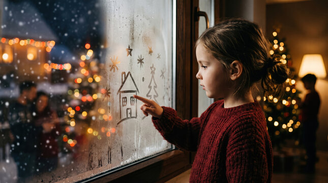 Little girl drawing a festive house and winter symbols on a foggy window during snowy evening. Child traces holiday decorations on glass, cozy home and Christmas imagination concept.
