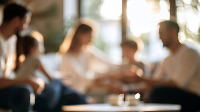 Family members gathering and communicating in a cozy home setting, conveying feelings of warmth, comfort, and unity