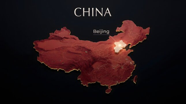 3D Map of China with Flag Texture and Highlighted Capital City Beijing Isolated on Black Background