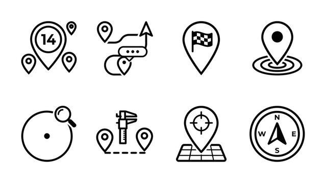 Navigation Icons: A set of clean, minimalist line art icons representing various navigation and location-based concepts, including pins, maps, routes, and a compass.
