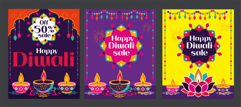 Happy Diwali Sale Poster Vector Design Template Set with Traditional Diya Oil Lamps Fireworks Garlands Lotus and 50 Percent Off Discount Banner for Indian Festival of Lights Marketing Promotion