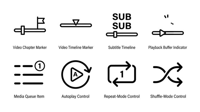 Video Player Interface Icons: A collection of simple, clean line icons representing various functions and controls found on a video player interface, including chapter markers, timeline sliders.