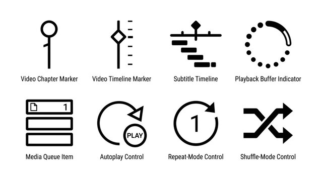 Video Player Interface Icons: A collection of minimalist icons representing essential functions for video playback and management, including timeline markers, subtitle controls, and playback modes.