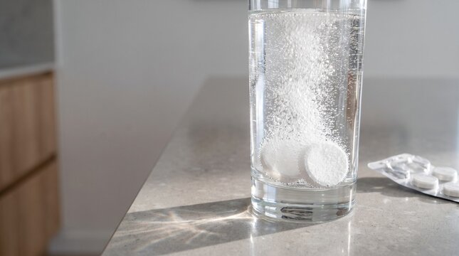 Dynamic macro shot of effervescent antacid tablets near water glass dissolving in an explosion of microbubbles