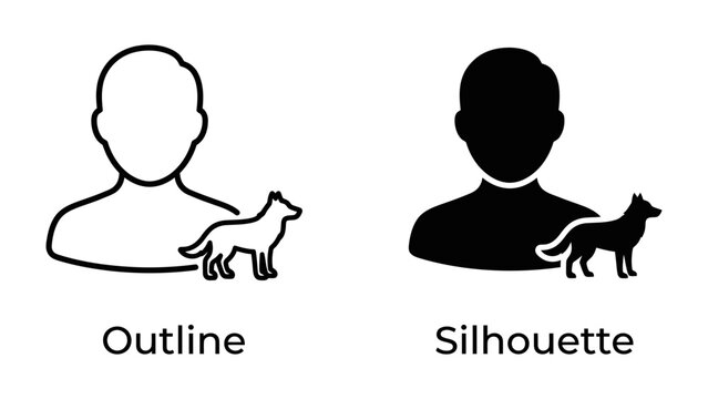 Man and Dog Icons: Simple, clean icons representing a person and a dog in both outline and silhouette styles, symbolizing companionship and pet ownership.