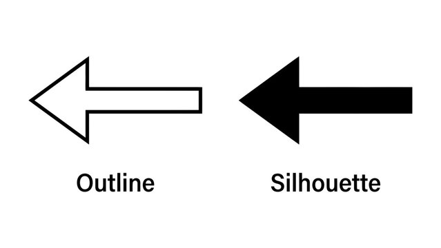 Arrow Outline and Silhouette: A clear comparison between an outline arrow and a solid silhouette arrow, demonstrating directional indicators with distinct visual styles.