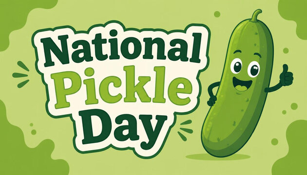 Cartoon illustration for National Pickle Day with a happy cucumber character giving a thumbs up.