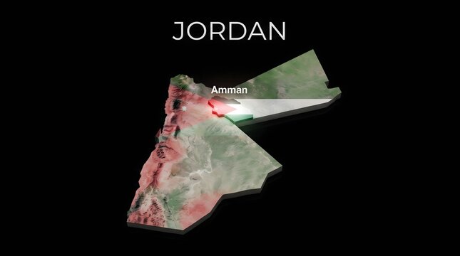 3D Map of Jordan with Flag Texture and Highlighted Capital City Amman Isolated on Black Background