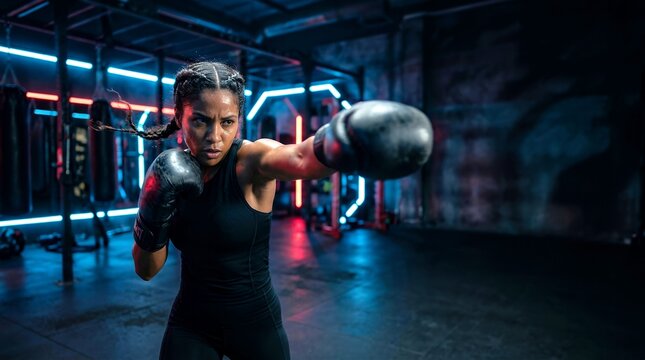 Fierce female athlete throwing a direct punch during a futuristic shadowboxing workout.