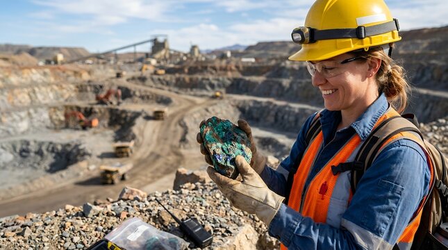 Female geologist examining copper ore sample at an open pit mining site