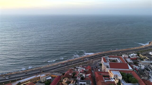 Aerial view of Cartagena, a port city on Colombia&rsquo;s Caribbean coast. By the sea is the walled Old Town, founded in the 16th century