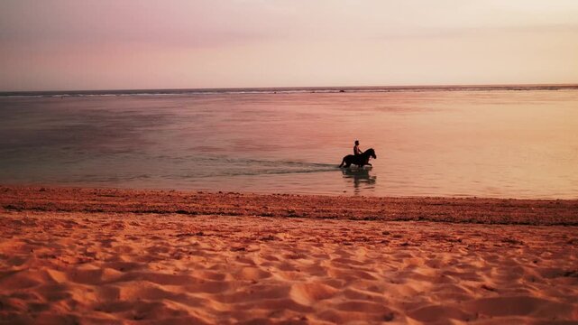View of a person riding a horse through the shallow surf at sunset near ARYA Sumba, with golden light reflecting on the water and sand in Kodi, East Nusa Tenggara, Indonesia.