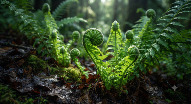 Fresh green fern fiddlehead sprout and new growth in spring forest macro close up sunlight	봄 숲 속 싱그러운 초록색 고사리 새순과 새로운 성장의 햇살 매크로 클로즈업