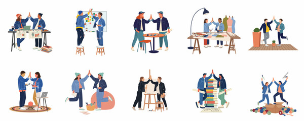 Fototapeta premium Collection of vector illustrations featuring diverse creative professionals giving high fives to celebrate teamwork, success, and collaboration in various workspace and studio environments.