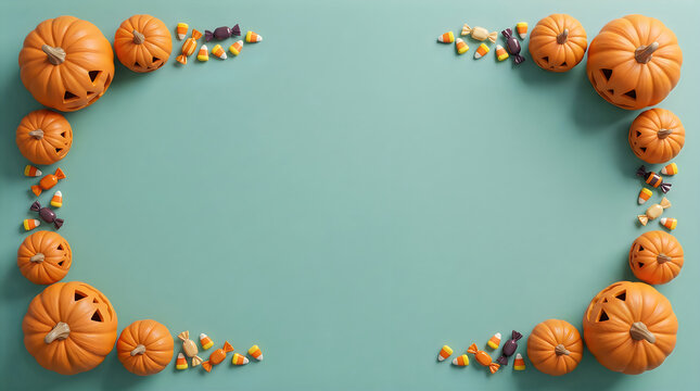 A flat lay composition of small orange pumpkins arranged as a rectangular border on a light blue background surface