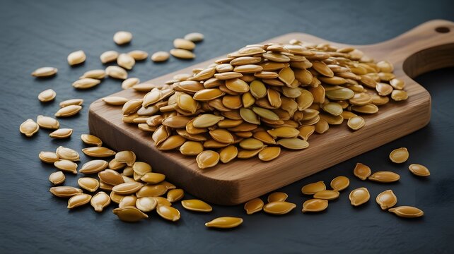 Roasted pumpkin seeds piled high on a rustic wooden cutting board for healthy dietary snacking