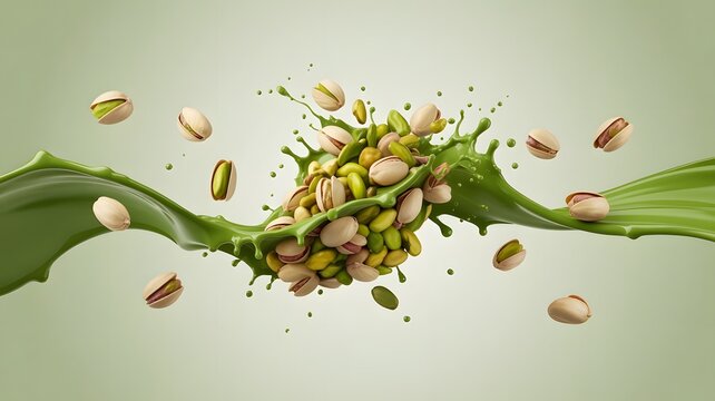 Fresh pistachios flying through swirling green cream splash captured in high speed macro studio light photography