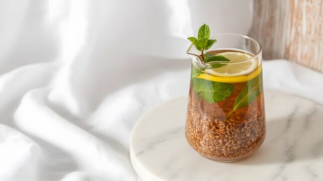 Refreshing iced tea infused with organic flax seeds lemon slices and fresh green mint herb leaves