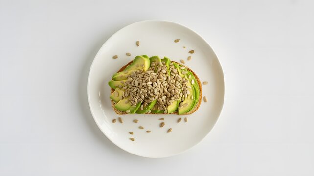 Fresh avocado toast topped with sunflower seeds served on a simple white plate overhead camera view