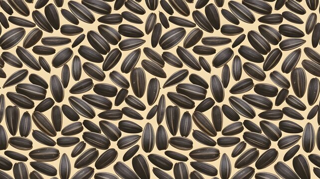Raw organic sunflower seeds scattered evenly across a solid light beige studio background pattern view top