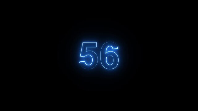 Animation of glowing neon cyan color number text animation . cyan , neon number 56 .neon color, neon lighting,56 percentage discount animated- 4k black background animation video
