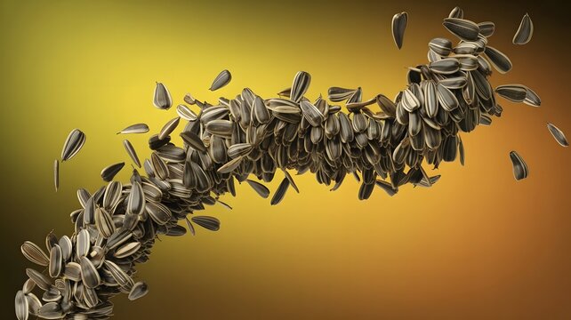 Sunflower seeds swirling in a dynamic motion against a vibrant golden gradient background professional studio lighting