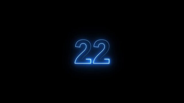 Animation of glowing neon cyan color number text animation . cyan , neon number 22 .neon color, neon lighting,22 percentage discount animated- 4k black background animation video