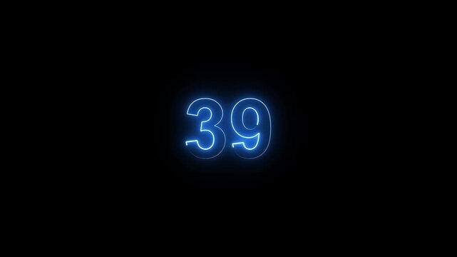 Animation of glowing neon cyan color number text animation . cyan , neon number 39 .neon color, neon lighting,39 percentage discount animated- 4k black background animation video
