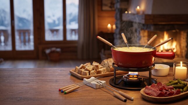 High-end Swiss alpine dinner table with a fondue forks set resting beside a bubbling cheese caquelon pot