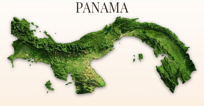 Panama Shaded Relief Map. Hillshaded physical terrain map illustration. Light background with title. Illustration elements derived from NASA Imagery and NASADEM Global Elevation Model.