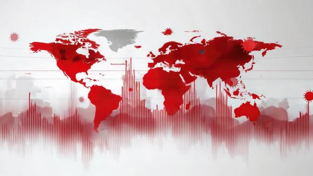 Global pandemic impact: red world map with infection spread and data visualization. HMPV, Human metapneumovirus