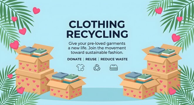 Illustrated Clothing Recycling Banner with Boxes and Clothing Items