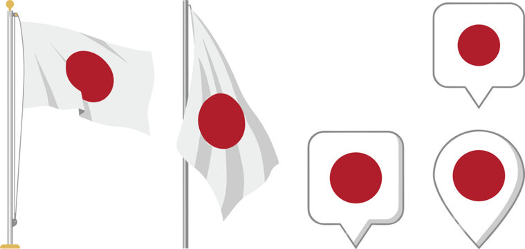 Japan national flag set with waving flags on poles and map pin pointer location icons vector illustration on white background (21 words)