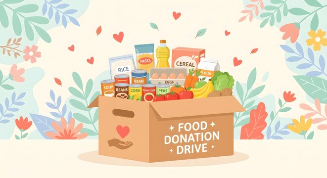 Illustrated Open Donation Box Labeled "FOOD + DONATION DRIVE" in Spring Scene