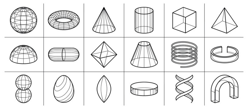 Wireframe 3D Geometric Shape Set. Line Sphere Torus Cone Cube And Pyramid Model. Retro Y2K Tech Design, Black Outline Collection