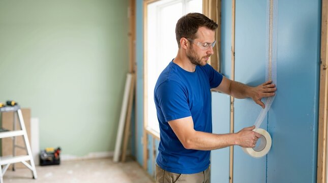 Man applying fiberglass mesh tape to drywall joints. Contractor preparing a blue plasterboard wall for mudding. Interior home renovation and residential remodeling project