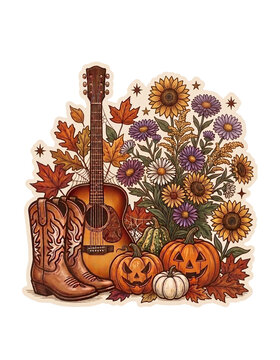 Autumn Guitar and Cowboy Boots Illustration with Pumpkins and Fall Flowers