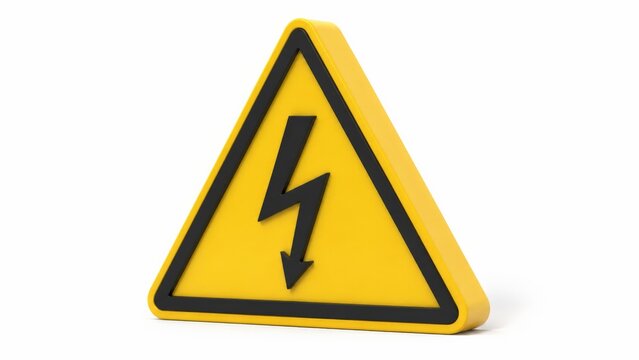 Three-dimensional yellow triangle safety sign with a bold black lightning bolt symbol rendered against a clean white studio background indicating high voltage electrical hazard and shock