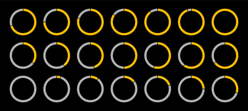 Progress bars. Orange and gray pie chart indicators. Circle diagram icons for infographics from 0 to 100 percent without numbers. Round graph loading progress set. Numberless percentage infographic. 