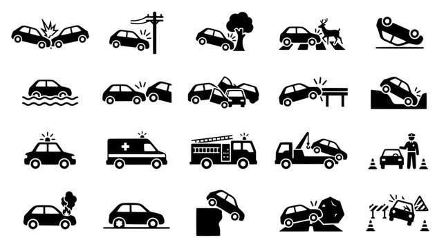 Set of car accident and vehicle emergency icons representing collisions, roadside assistance and traffic safety situations