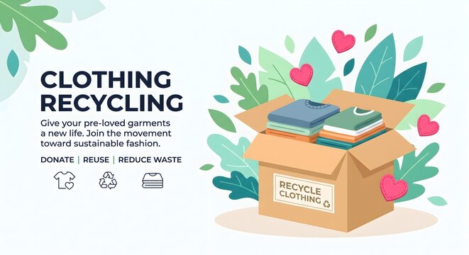 Vector Banner for Clothing Recycling Drive with Box and Sustainable Icons