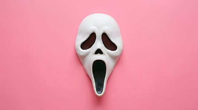 A chillingly iconic halloween mask reminiscent of the 'scream' franchise evokes fear and suspense on a vibrant pink backdrop perfect for spooky