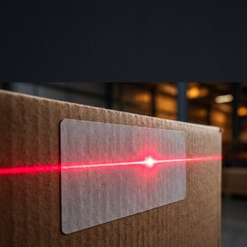 Macro extreme close-up of a red laser scanner beam reading a shipping label on textured cardboard