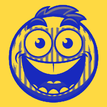 Happy blue cartoon smiley face vector graphic illustration featuring a bold dot matrix halftone pattern effect set against a solid bright yellow background for creative design projects and digital art