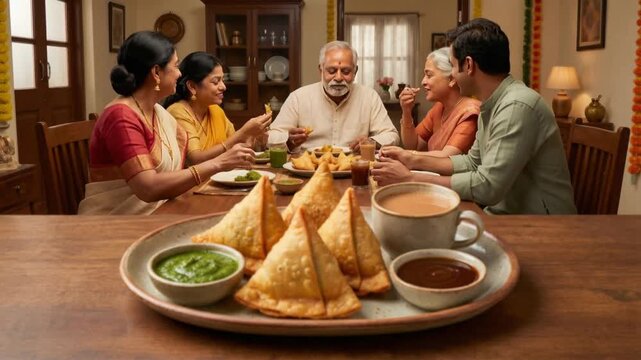 indian family eating keema samosa food
