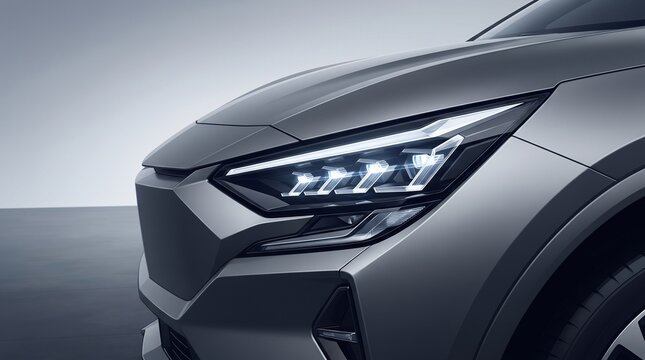 Futuristic automobile LED headlight concept with sharp angular forms and advanced electric vehicle lighting in modern flat design.
