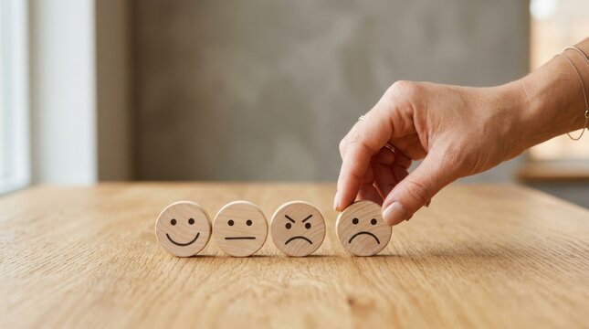 Wooden smiley blocks representing customer feedback and satisfaction