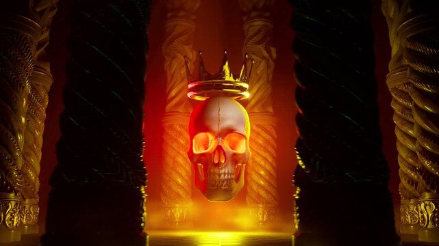 3D Render of Crowned Skull with Glowing Eyes Floating Between Gothic Pillars Under Orange Light