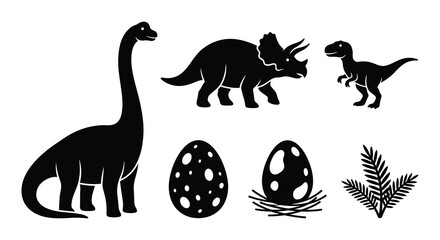 Dinosaur silhouettes including tyrannosaurus rex and triceratops on a white background © Begum